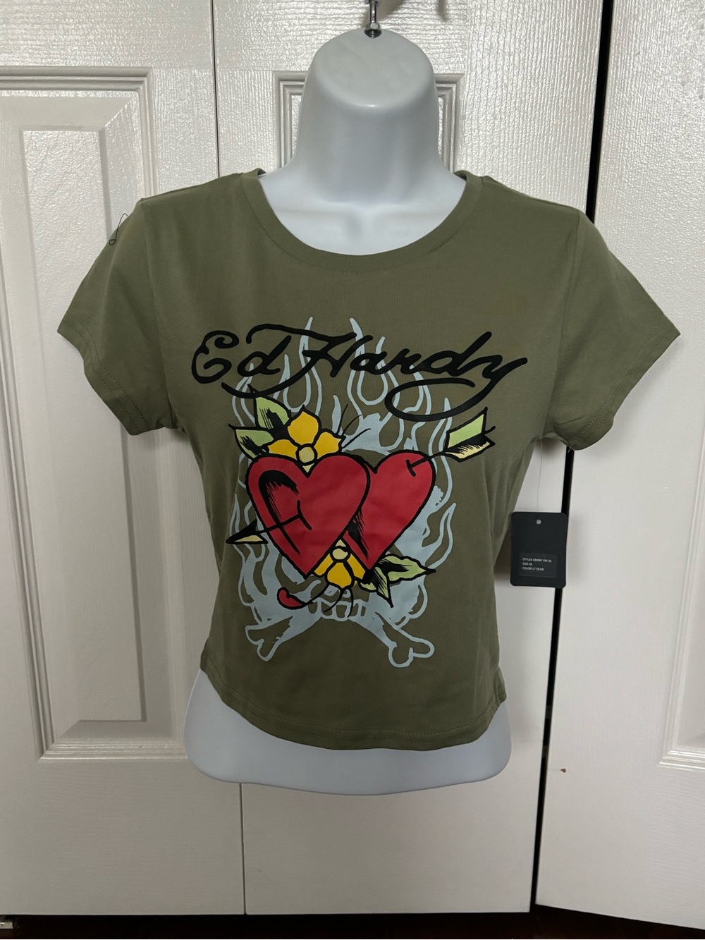 NWT Ed hardy olive green graphic baby tee medium